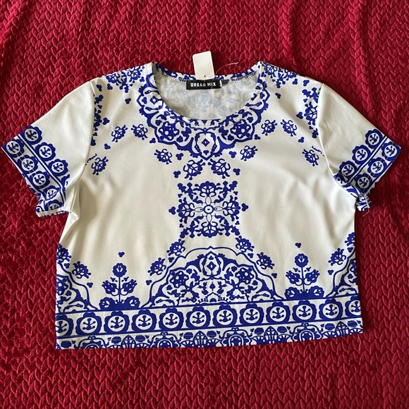 Urban Mix Women porcelain pattern Cropped T shirt Retro Tribal short sleeve crop - Picture 1 of 7
